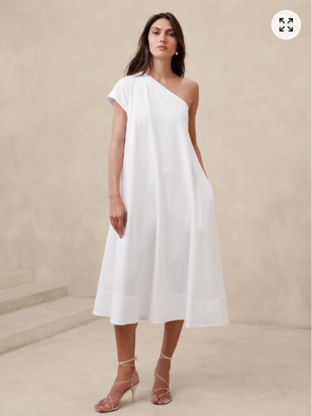 BR Banana Republic Odile 100% Cotton White Dress One Sleeve Midi L A Line